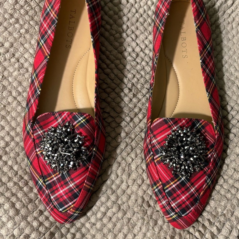 Talbots Red Plaid Flats with Black Embellishment 8.5